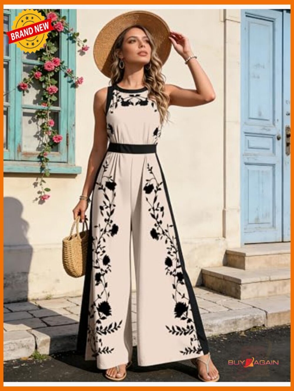 Casual Sleeveless Floral Jumpsuit with Pockets Wide Leg Romper - Picture 4 of 7
